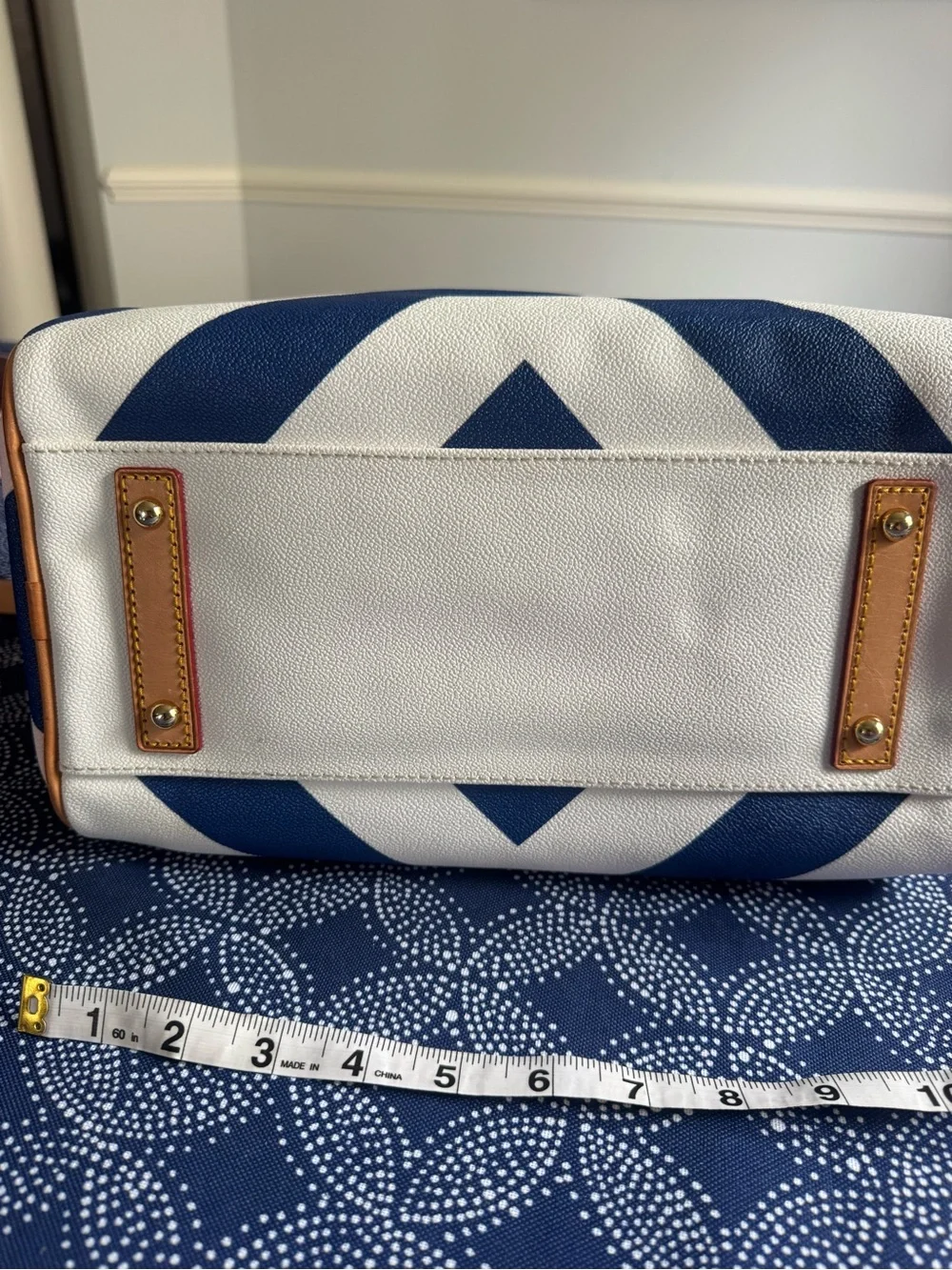 Striped Blue and White Dooney and Bourke Satchel with Tan leather Trim